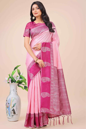 Light Pink Lichi Silk Blend Saree With Intricate Paisley Zari Weave & Graceful Tassels