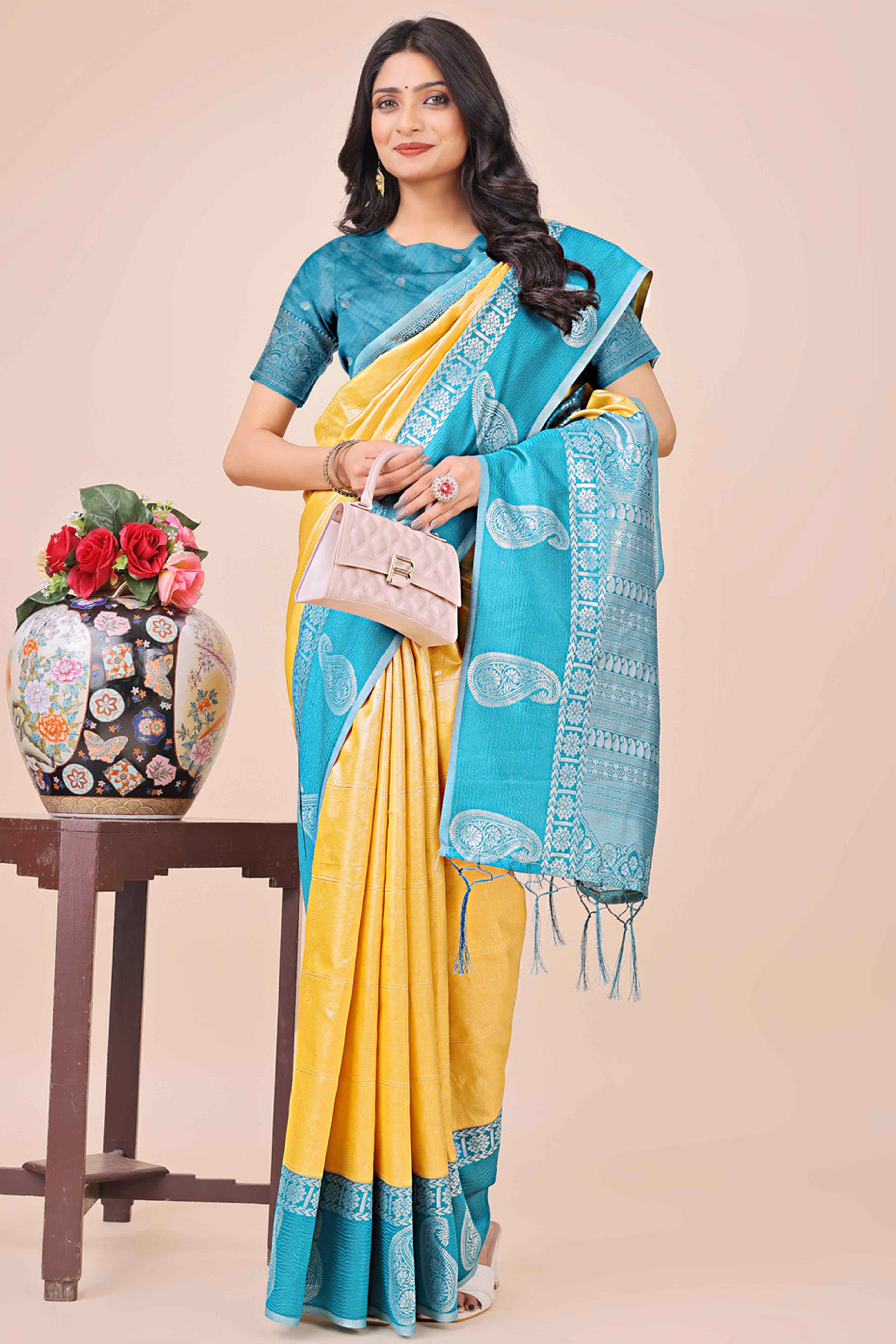 Yellow Lichi Silk Blend Saree With Intricate Paisley Zari Weave & Graceful Tassels