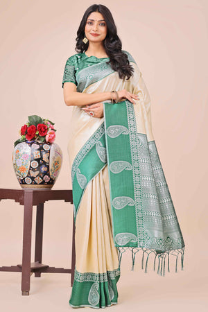 Cream Lichi Silk Blend Saree With Intricate Paisley Zari Weave & Graceful Tassels