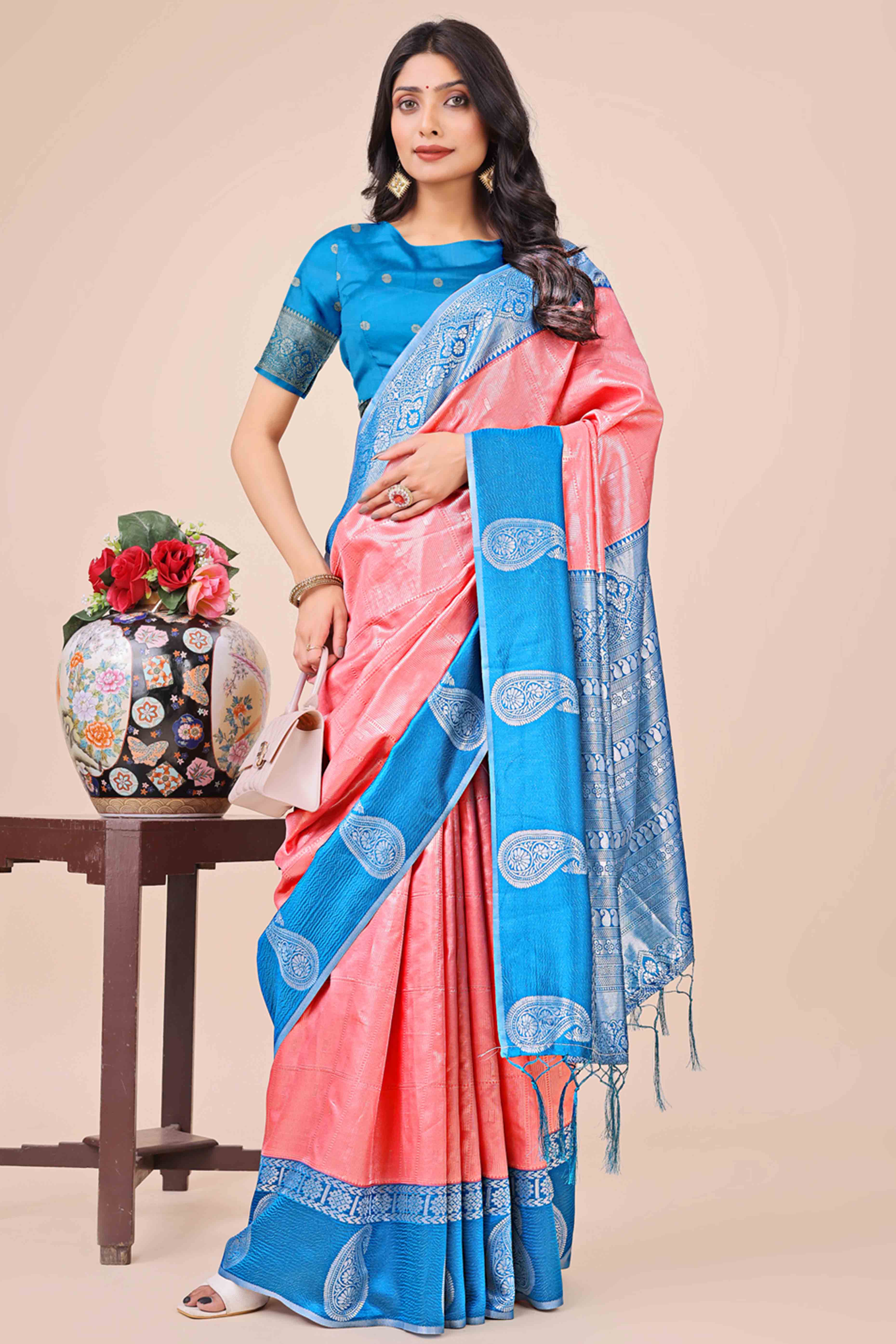11Peach Lichi Silk Blend Saree With Intricate Paisley Zari Weave & Graceful Tassels