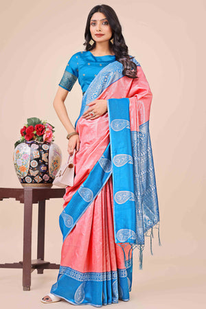 11Peach Lichi Silk Blend Saree With Intricate Paisley Zari Weave & Graceful Tassels