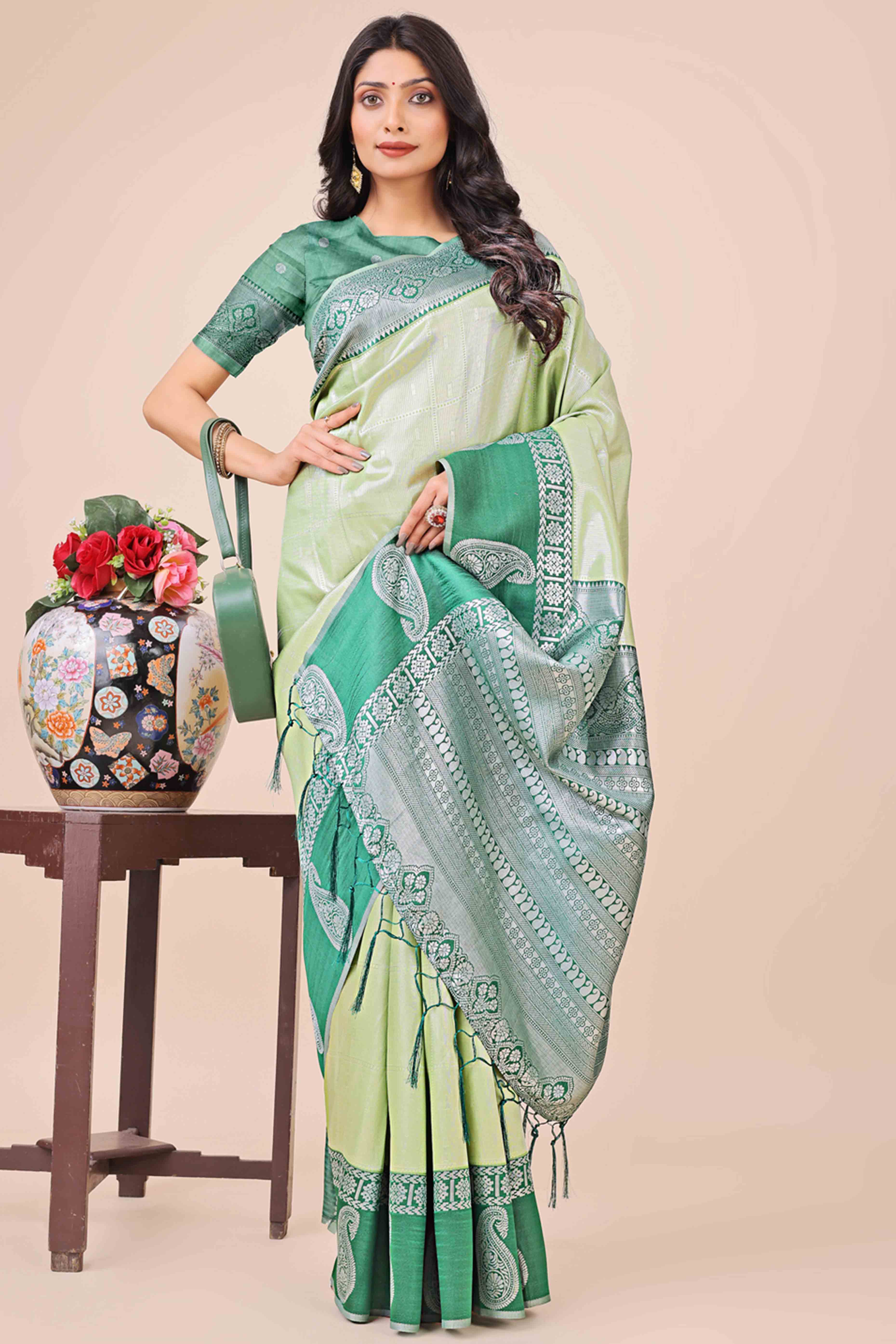 Green Lichi Silk Blend Saree With Intricate Paisley Zari Weave & Graceful Tassels