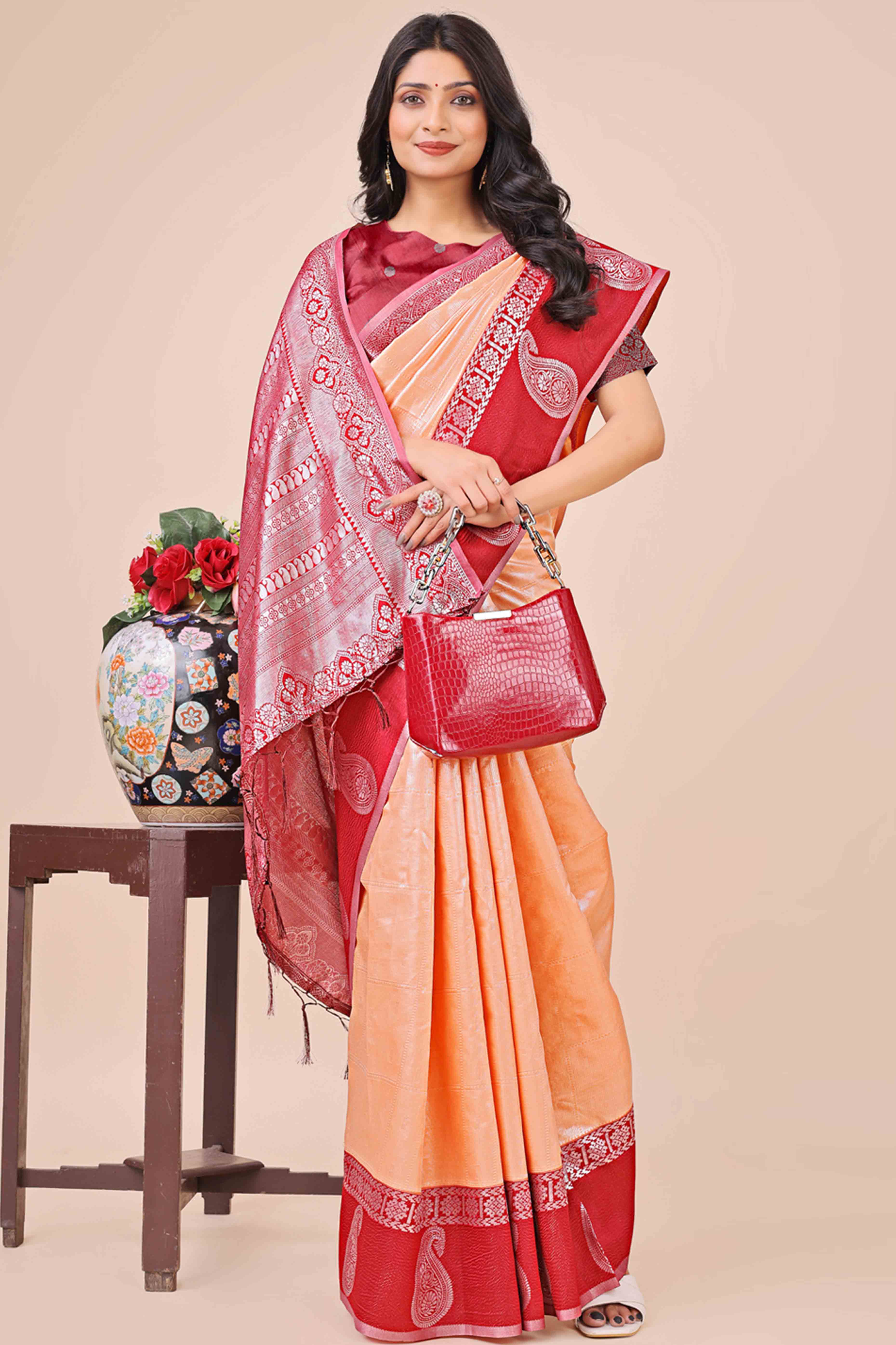 Peach Lichi Silk Blend Saree With Intricate Paisley Zari Weave & Graceful Tassels