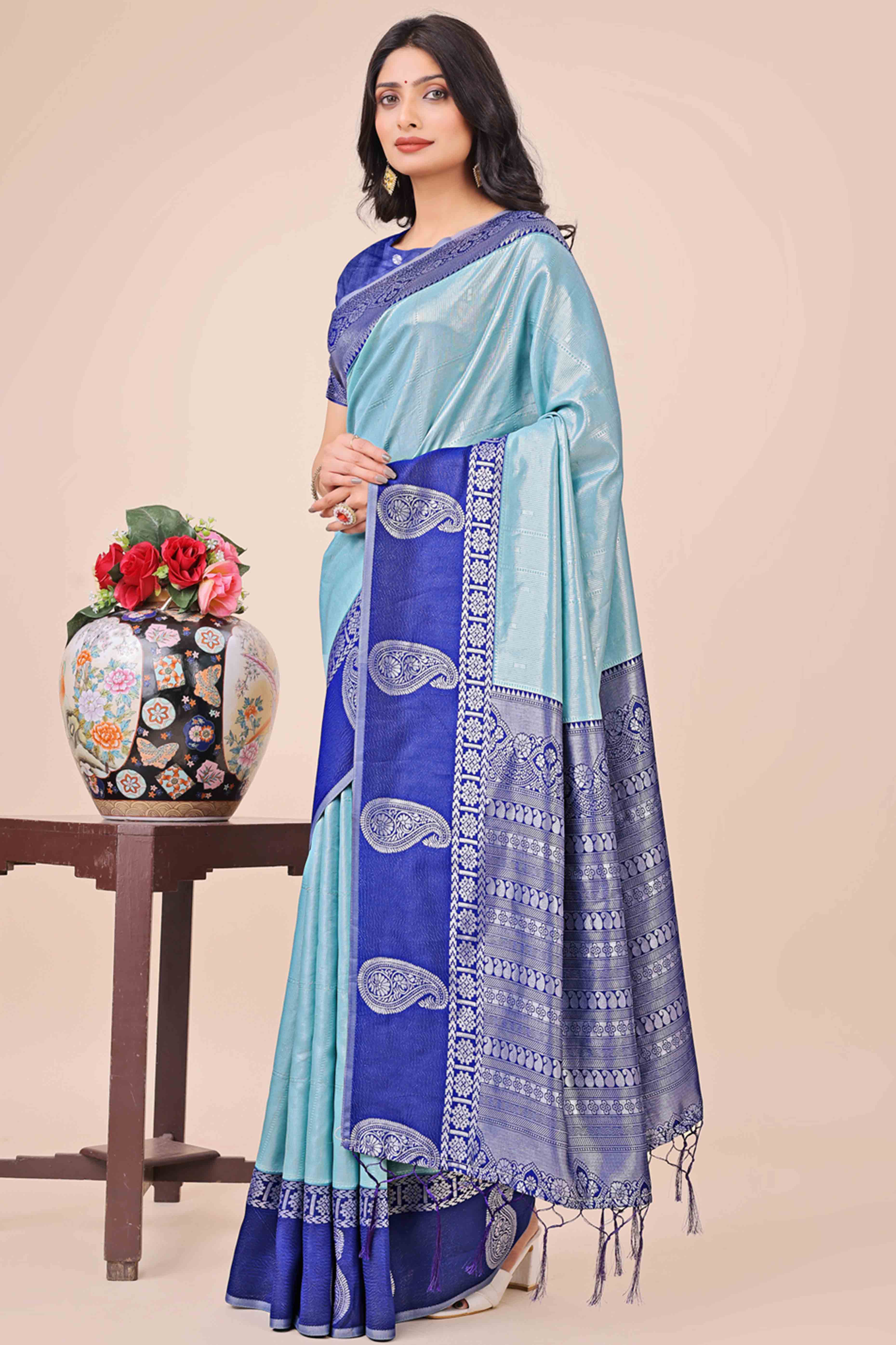 Light Blue Lichi Silk Blend Saree With Intricate Paisley Zari Weave & Graceful Tassels