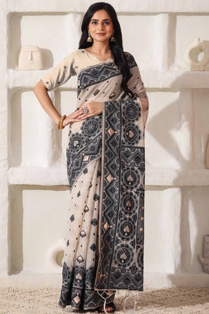 Timeless Cream & Black Saree In Linen Cotton With Rich Zari Weaving And Tassel Pallu