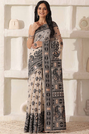 Cream & Black Saree In Linen Cotton With Traditional Zari Woven Detailing And Tassel Pallu