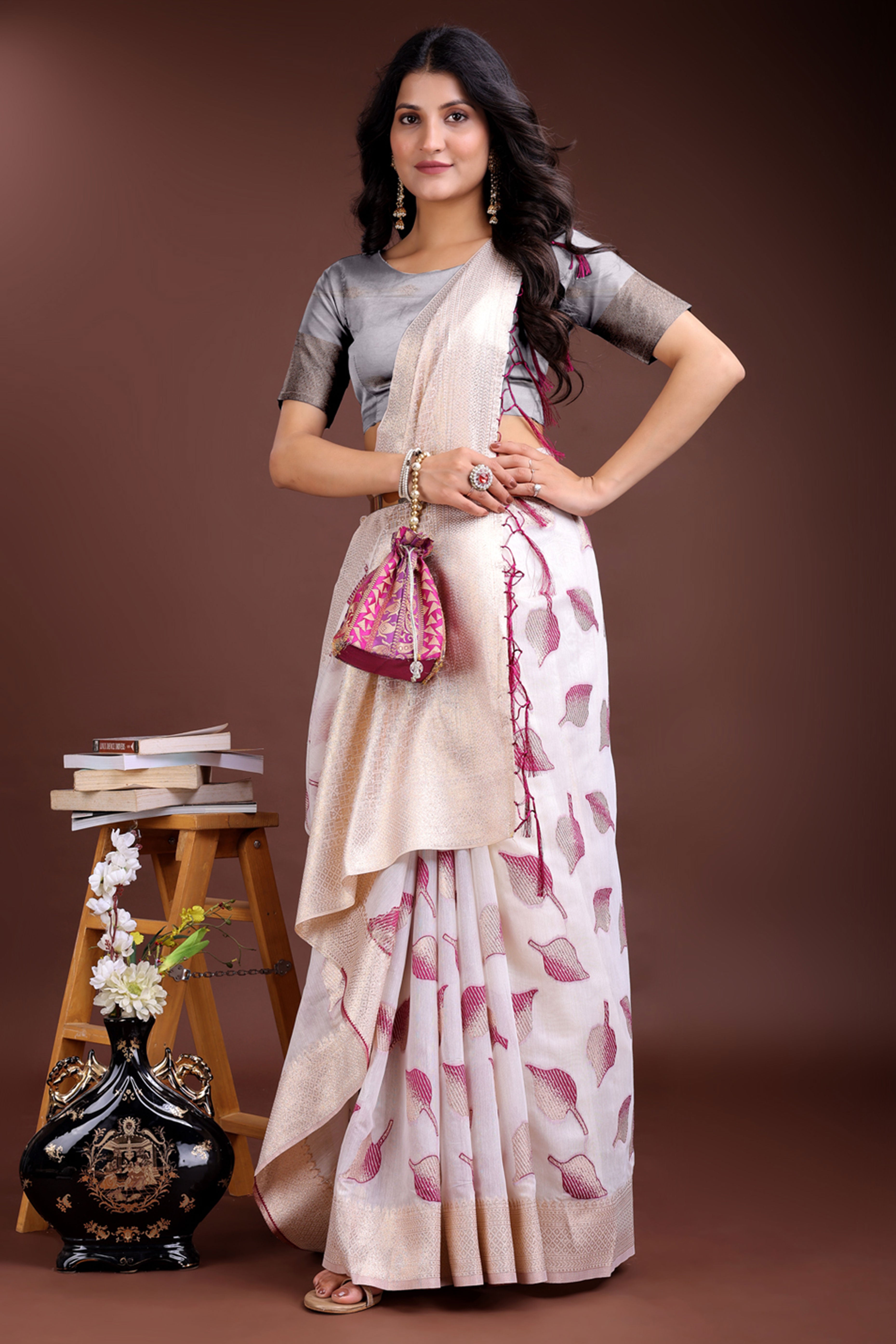 White and Purple Cotton Silk Saree with Leaf Motifs and Zari Border Tassel Finish