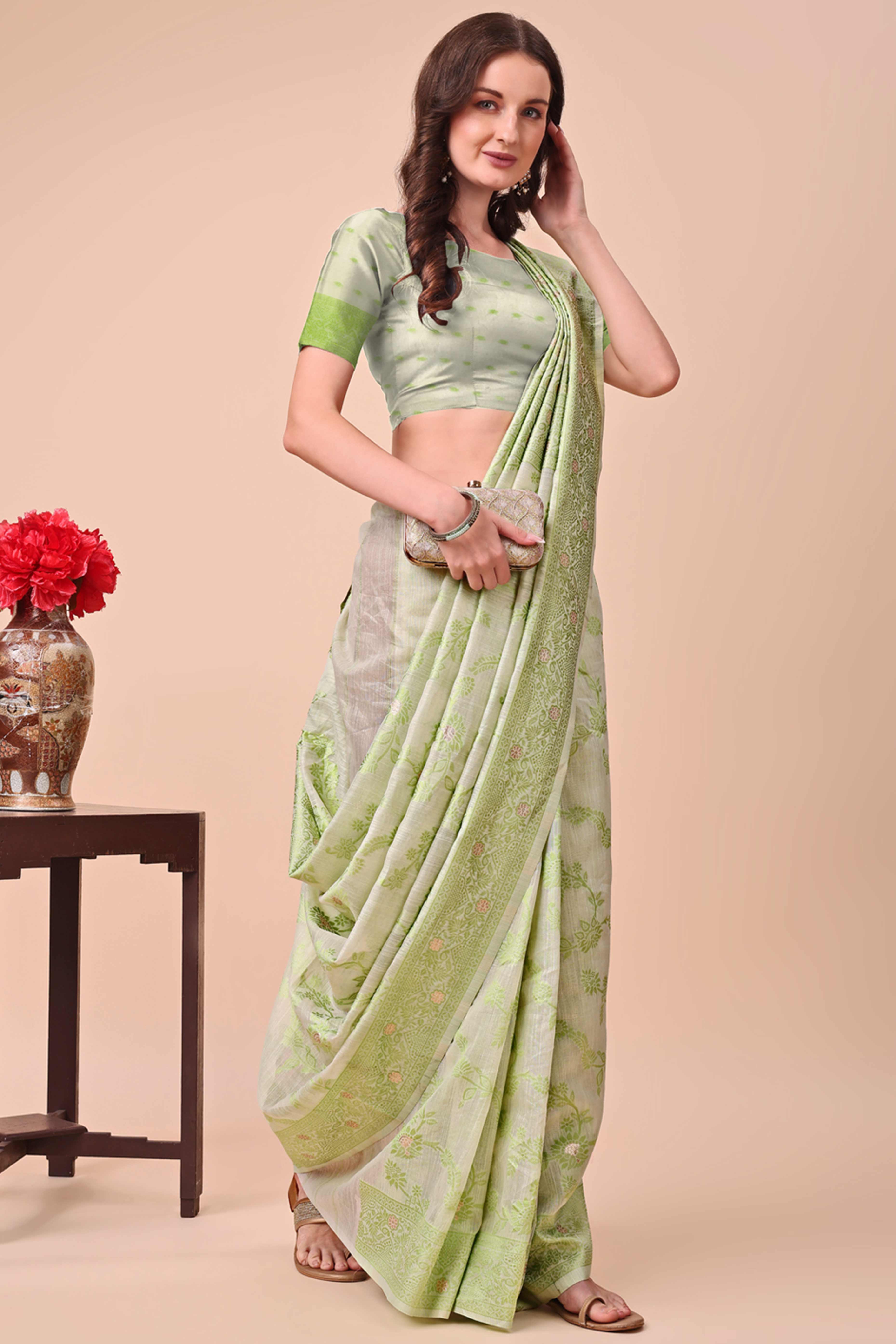 Light Green Floral Zari Woven Cotton Blend Saree With Delicate Tassel Detailing
