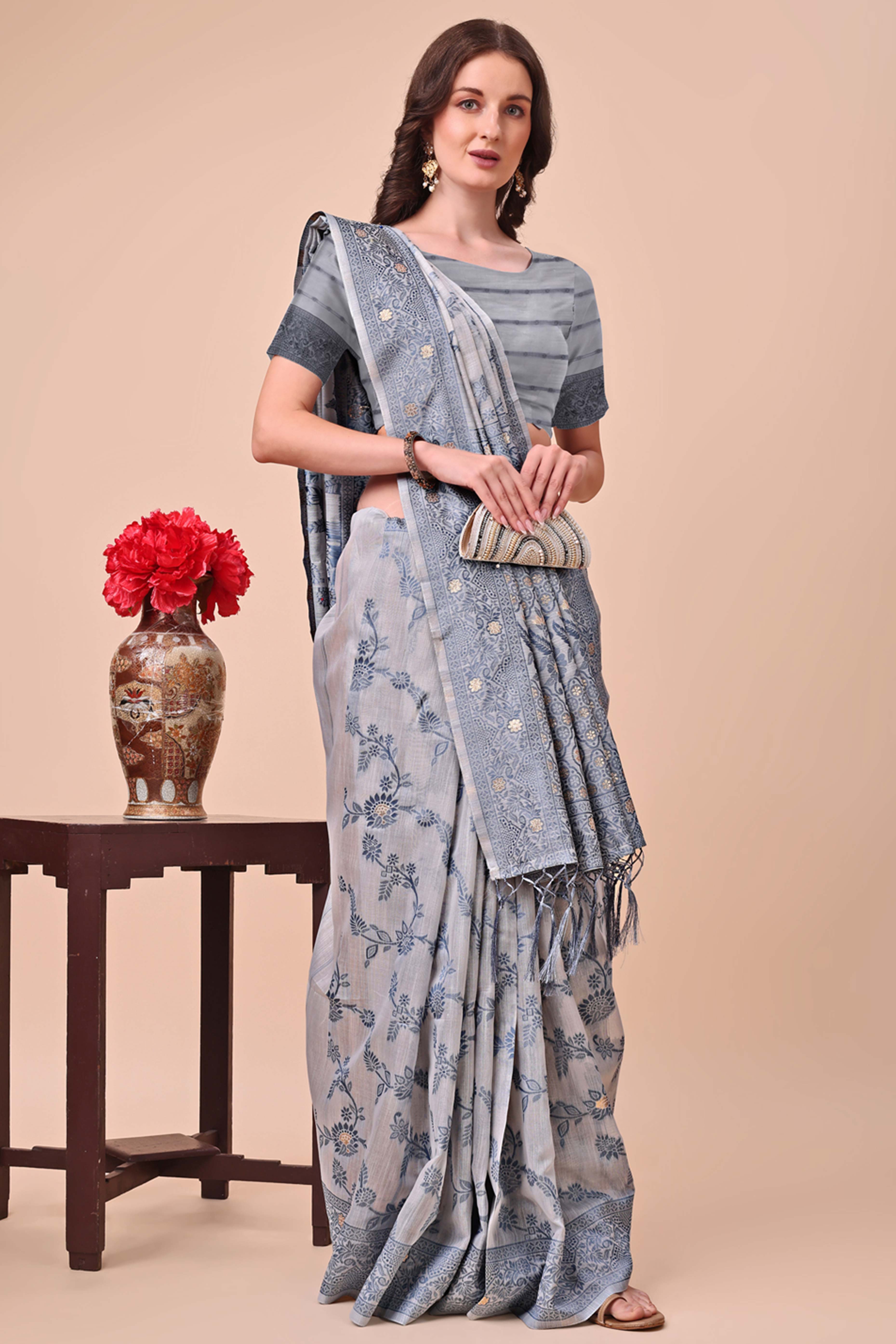 Grey Floral Zari Woven Cotton Blend Saree With Delicate Tassel Detailing