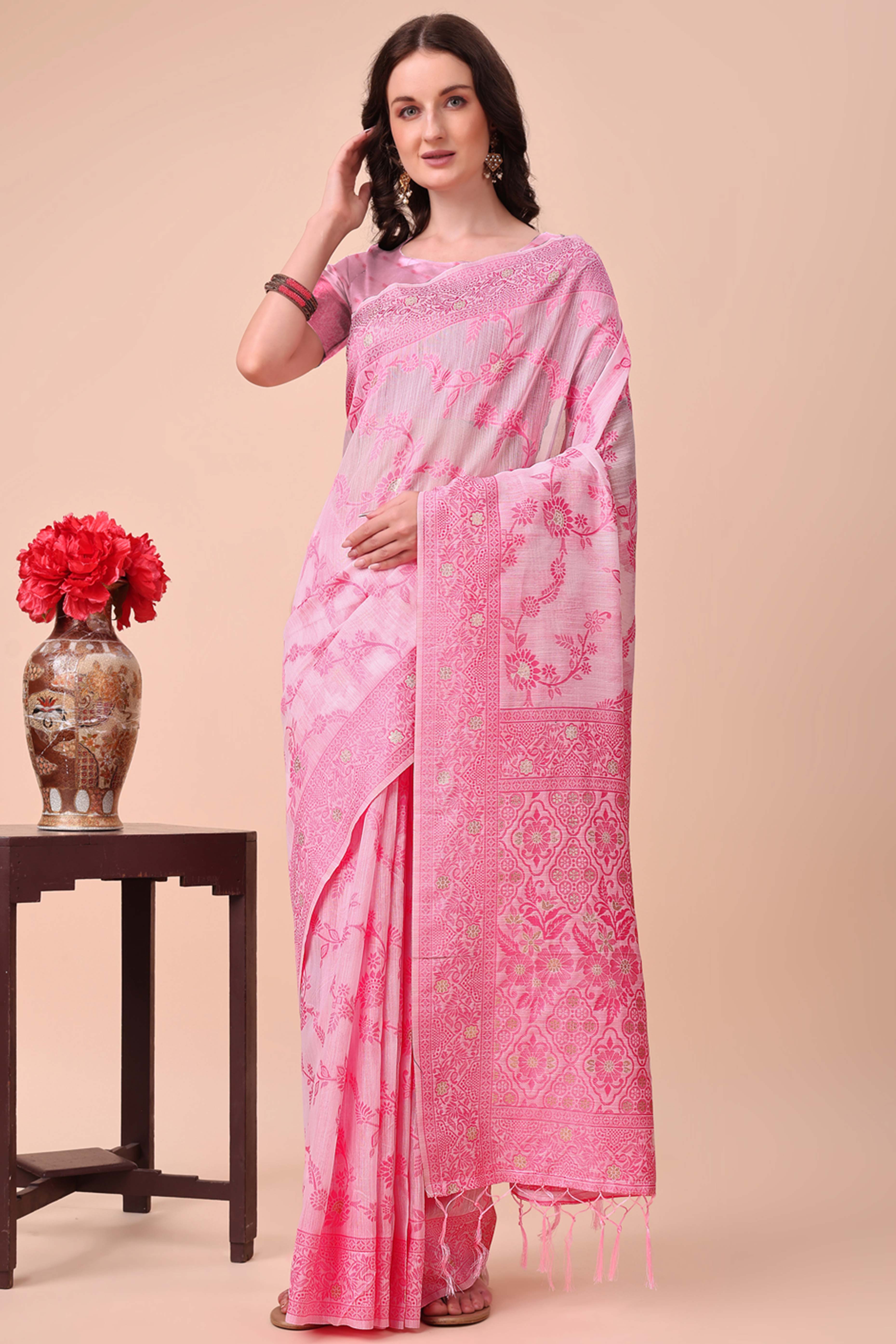 Pink Floral Zari Woven Cotton Blend Saree With Delicate Tassel Detailing