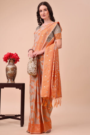 Orange Floral Zari Woven Cotton Blend Saree With Delicate Tassel Detailing