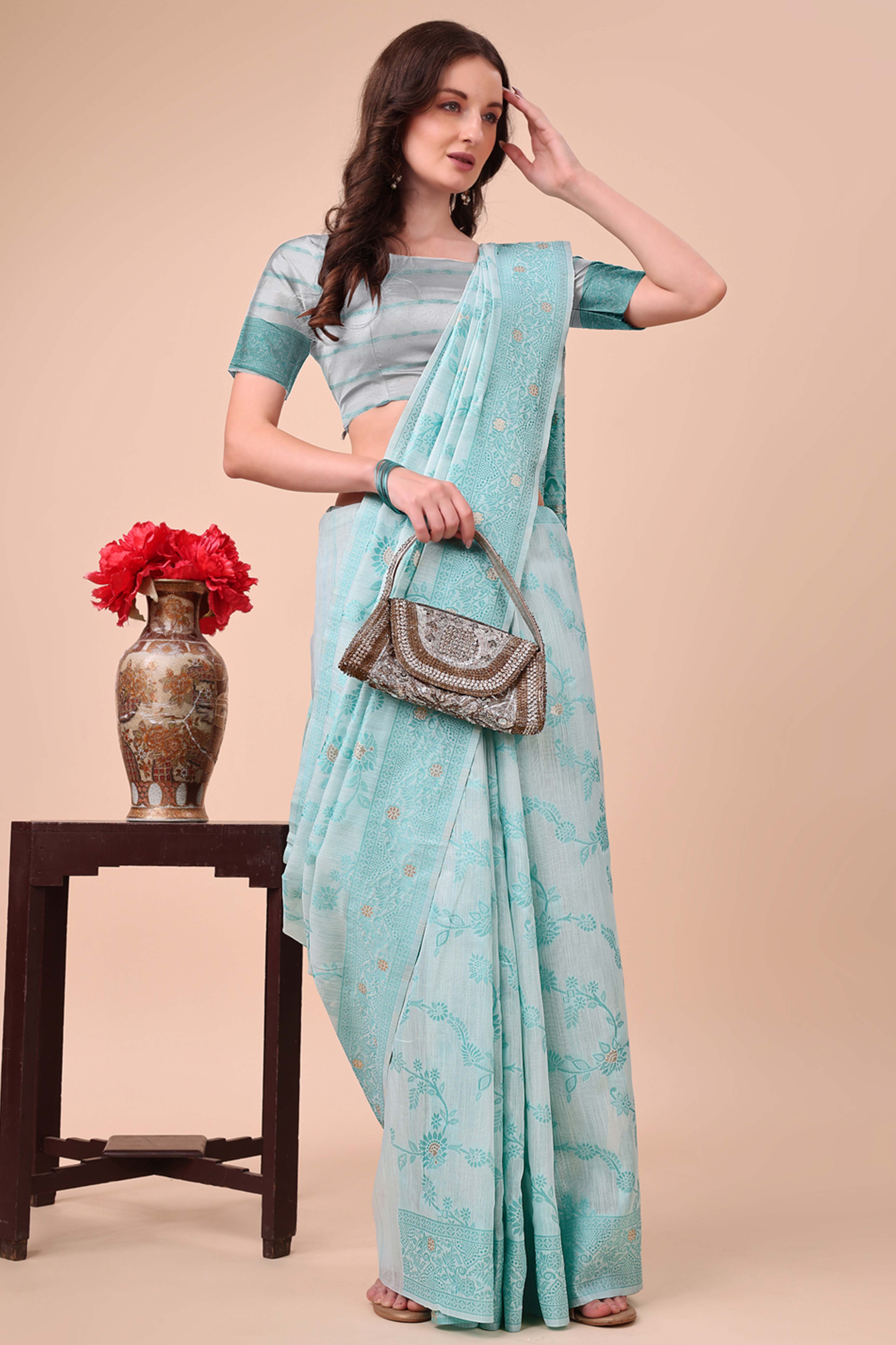 Blue Floral Zari Woven Cotton Blend Saree With Delicate Tassel Detailing