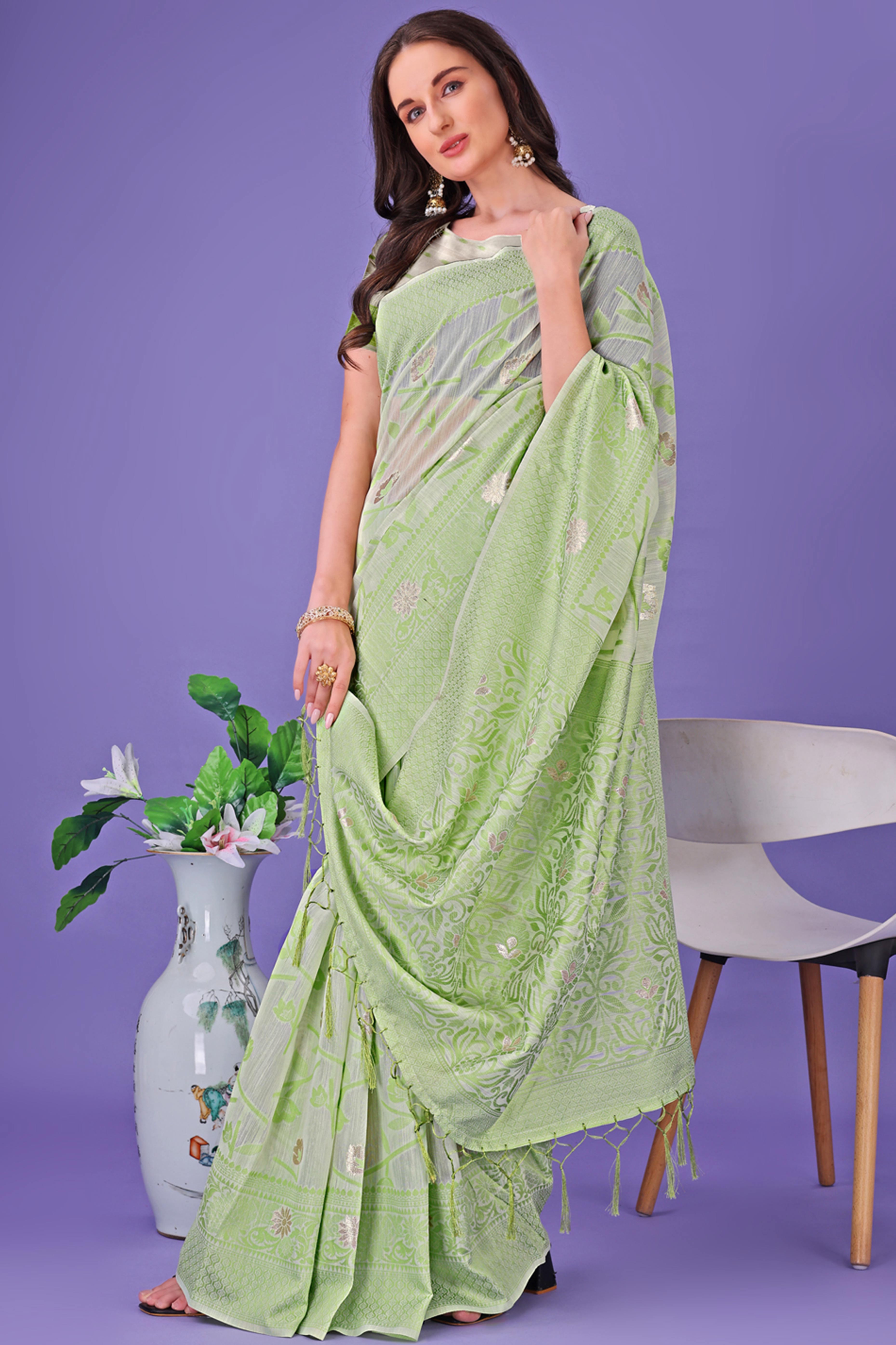 Light Green Floral Pattern Woven Saree in a Soft Cotton Blend with Tasseled Edges