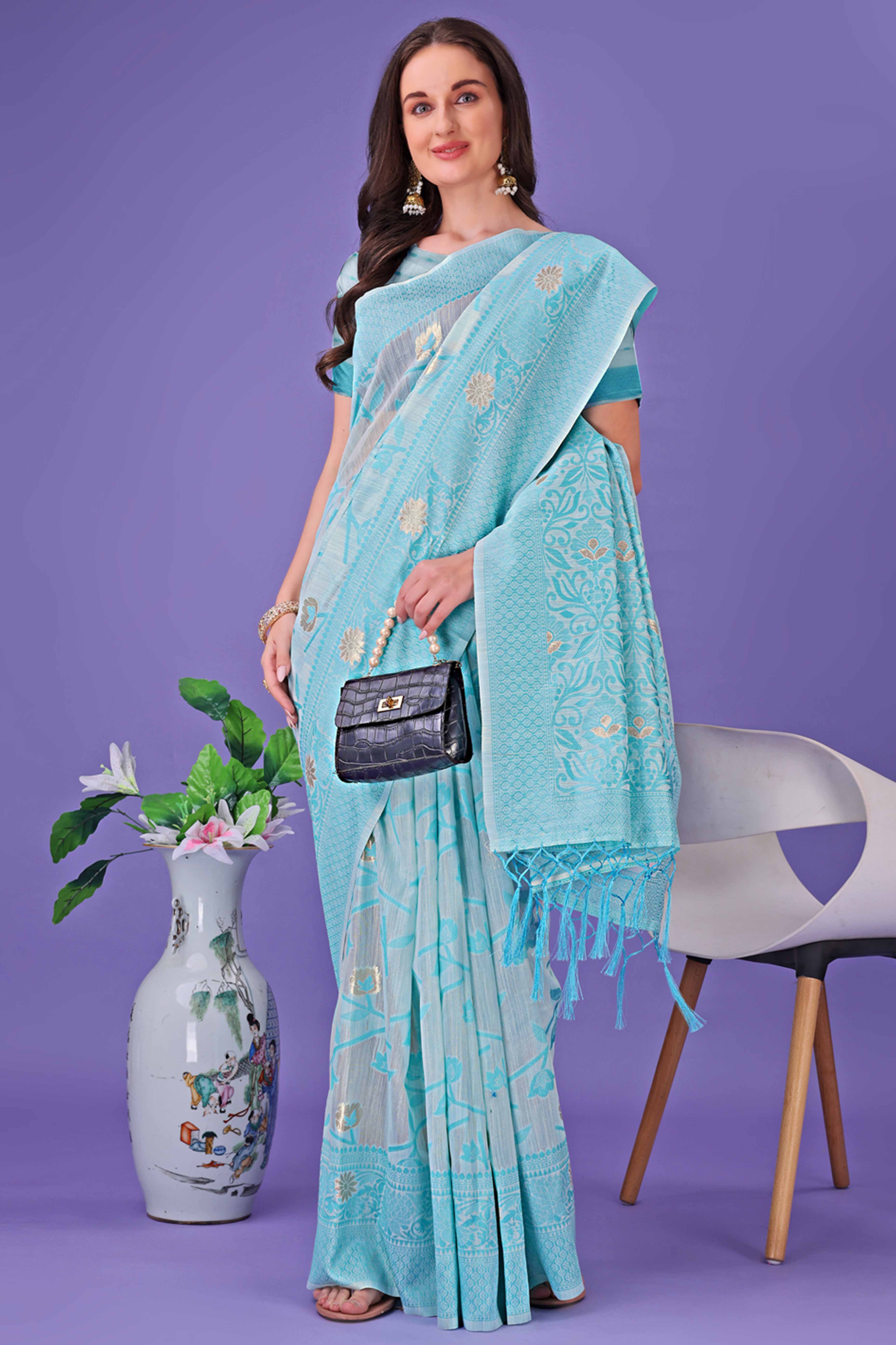 Sky Blue Floral Pattern Woven Saree in a Soft Cotton Blend with Tasseled Edges