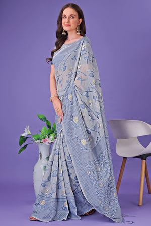 Grey Floral Pattern Woven Saree in a Soft Cotton Blend with Tasseled Edges