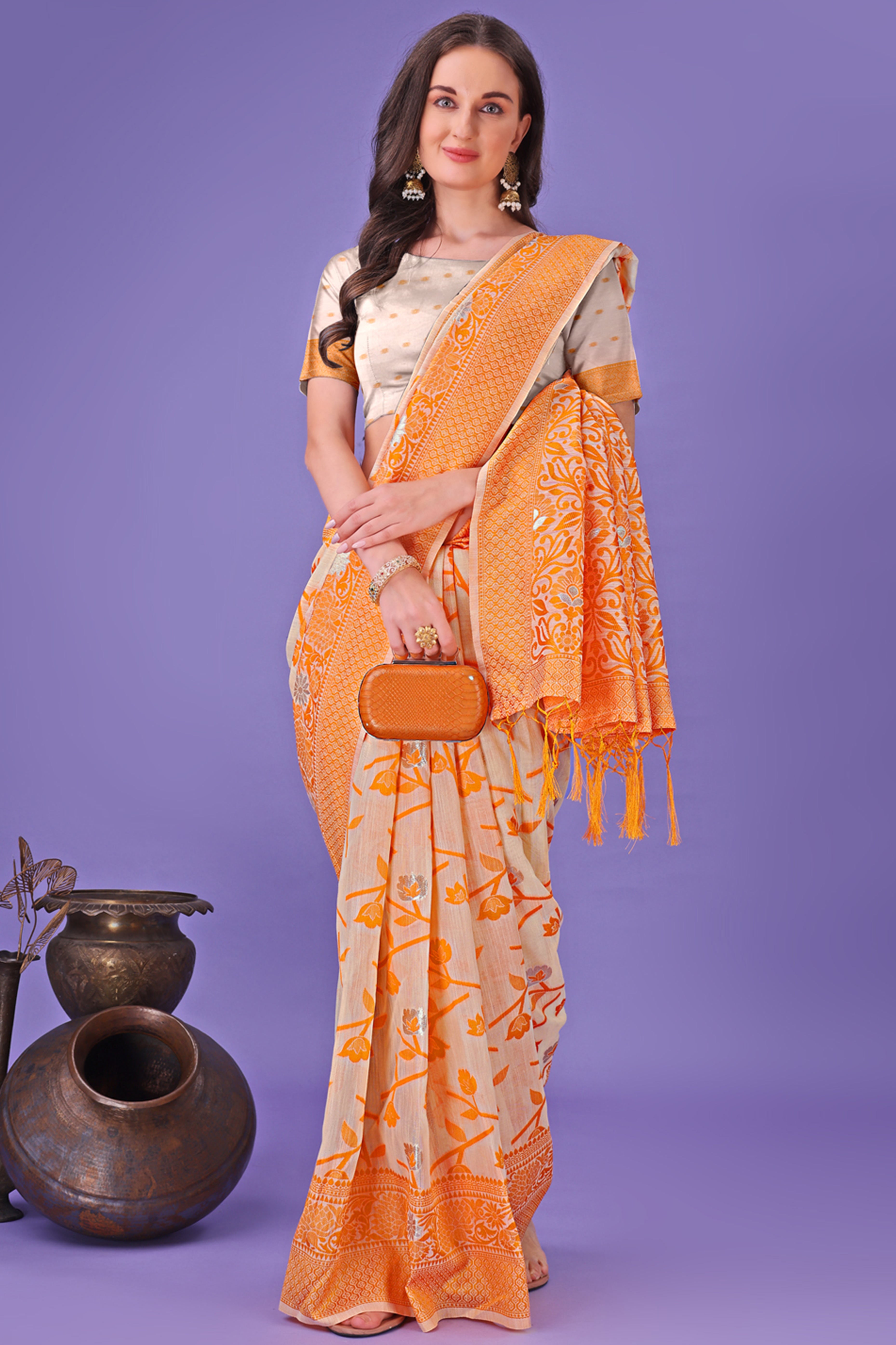 Orange Floral Pattern Woven Saree in a Soft Cotton Blend with Tasseled Edges
