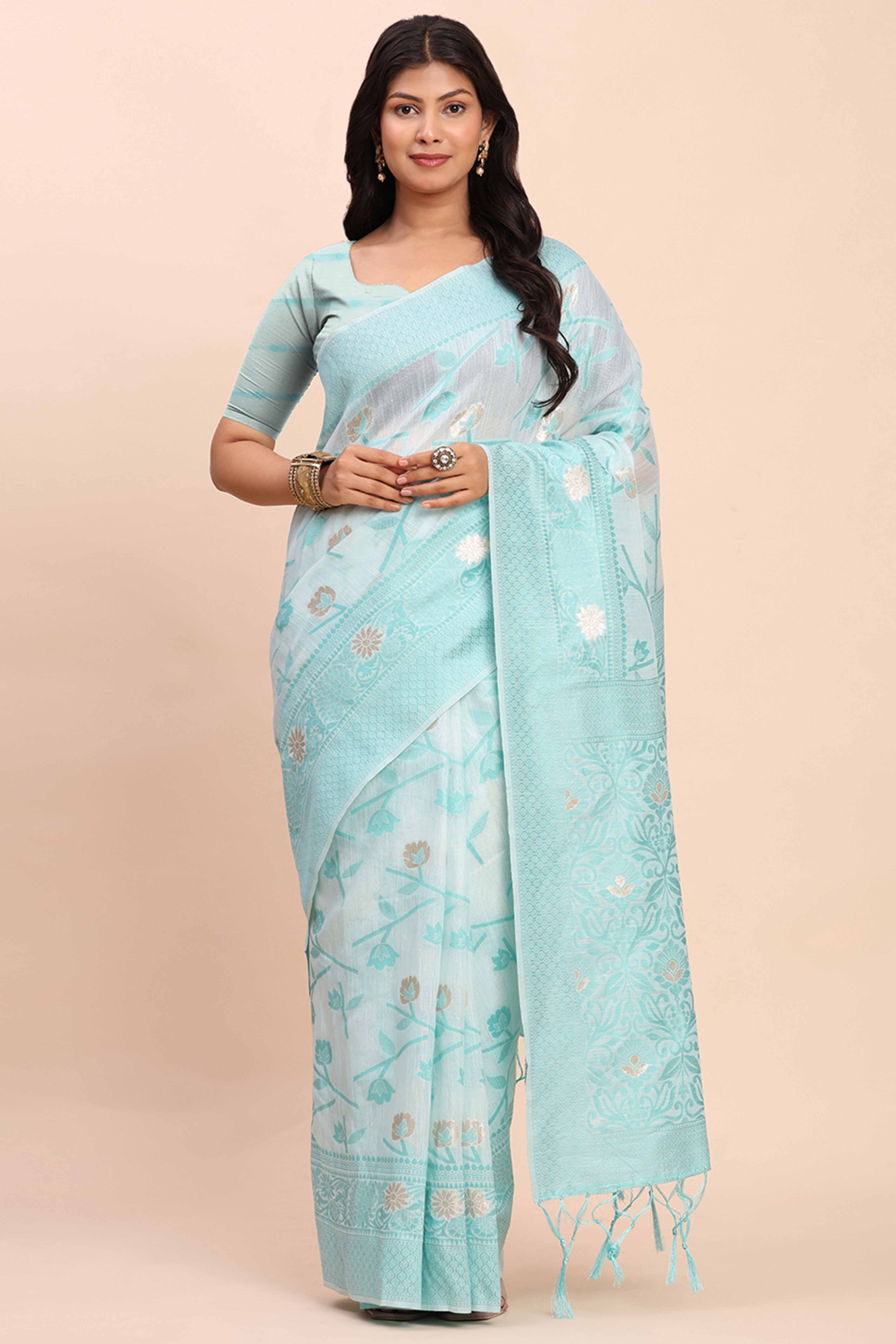 Sky Blue Floral Linen Cotton Saree Accented With Zari Weaving & Tassel Pallu Elegance