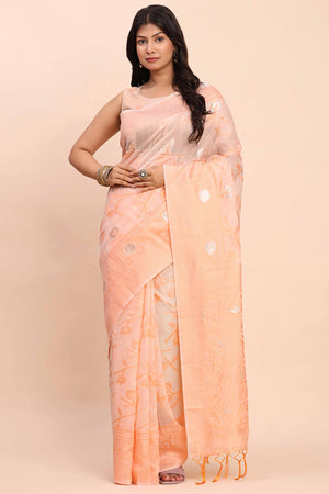 Peach Floral Linen Cotton Saree Accented With Zari Weaving & Tassel Pallu Elegance