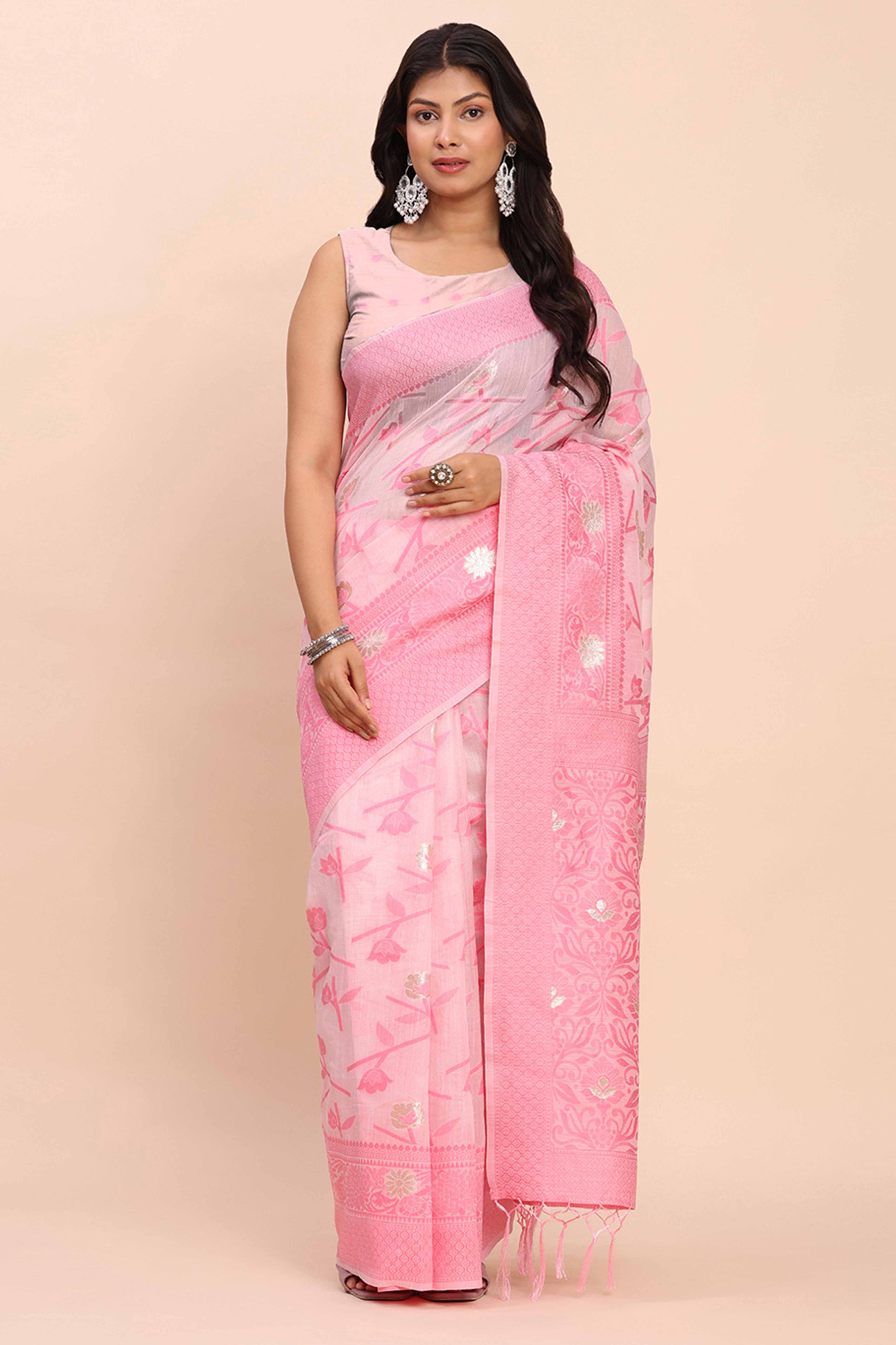 Light Pink Floral Linen Cotton Saree Accented With Zari Weaving & Tassel Pallu Elegance