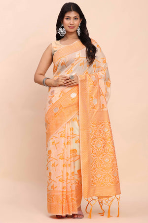 Orange Floral Linen Cotton Saree Accented With Zari Weaving & Tassel Pallu Elegance