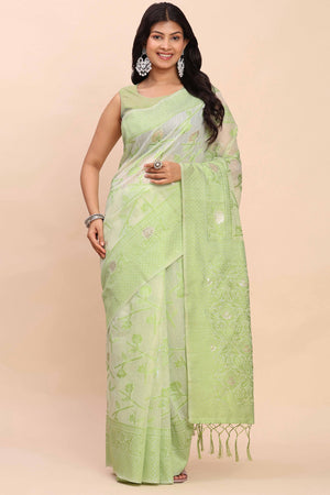 Light Green Floral Linen Cotton Saree Accented With Zari Weaving & Tassel Pallu Elegance
