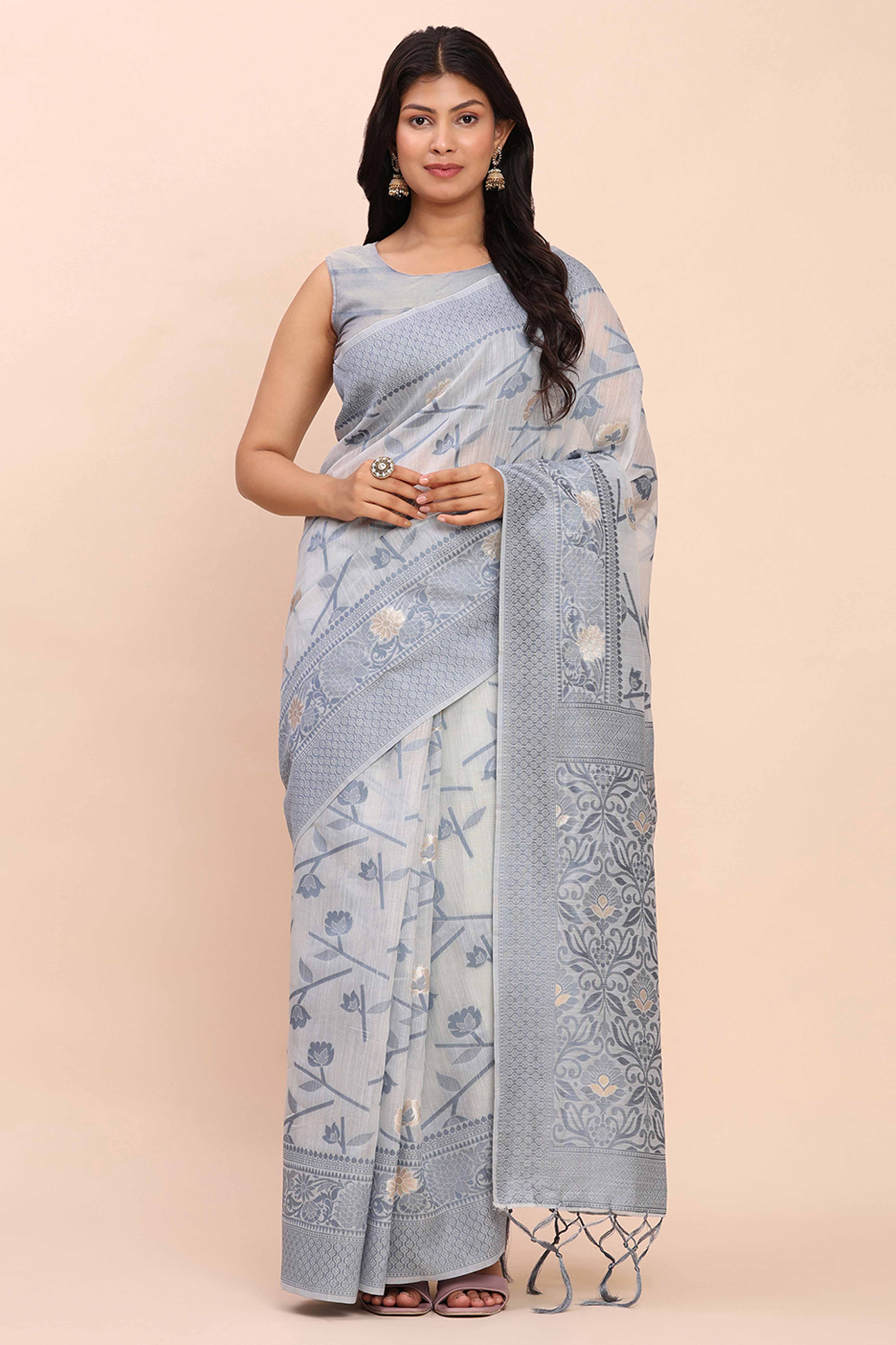 Grey Floral Linen Cotton Saree Accented With Zari Weaving & Tassel Pallu Elegance