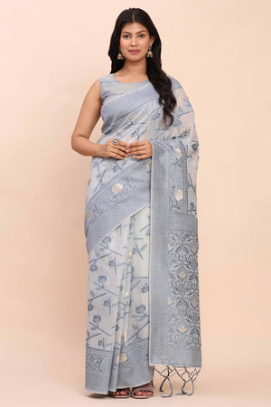 Grey Floral Linen Cotton Saree Accented With Zari Weaving & Tassel Pallu Elegance