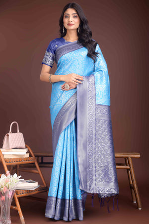 Blue Floral Zari Weaving Lichi Cotton Silk Saree With Tassel Border