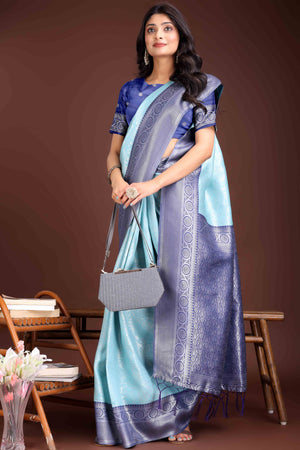 Sky Blue Floral Zari Weaving Lichi Cotton Silk Saree With Tassel Border