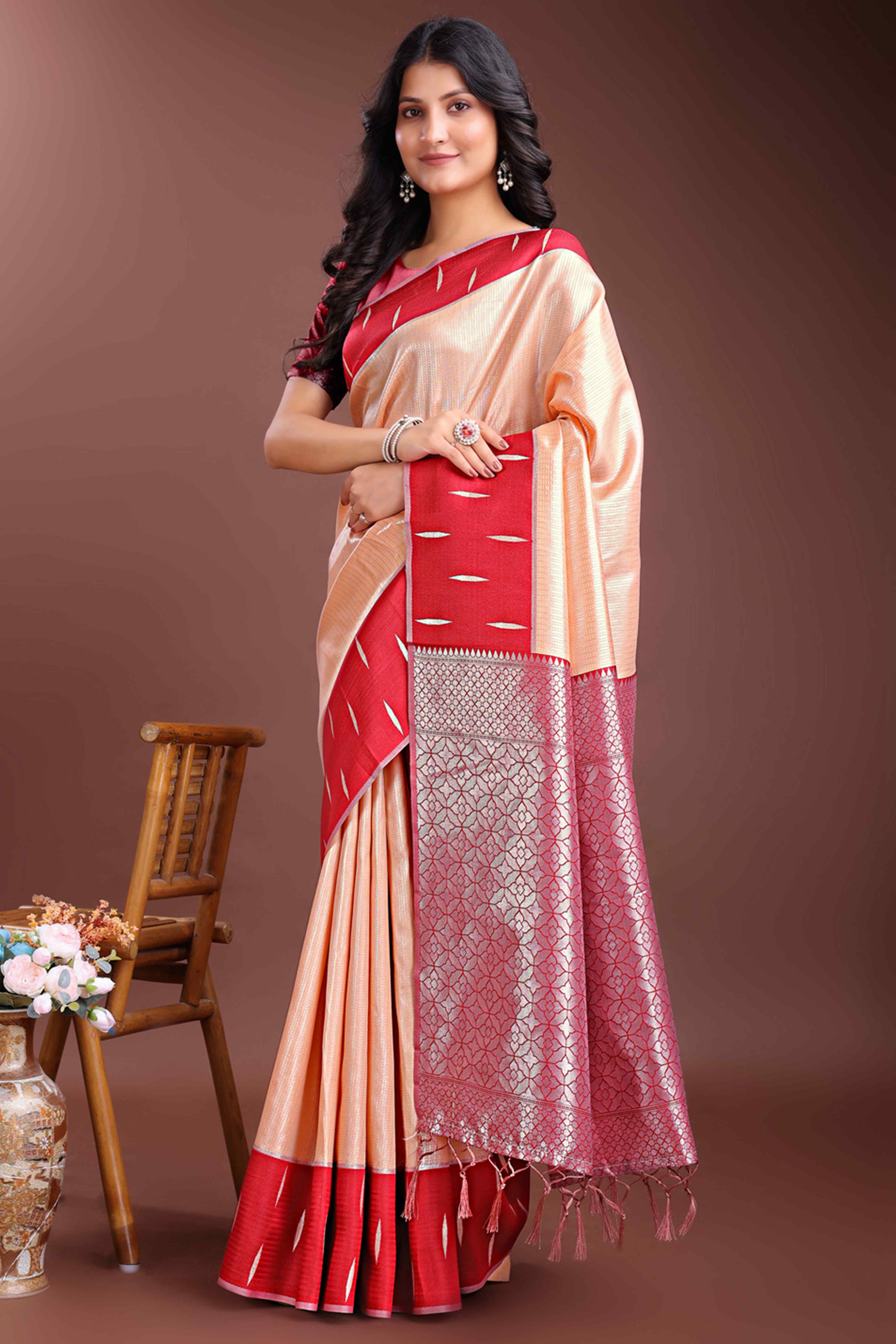 Radiant Light Orange Zari Weaving Silk Blend Saree of Timeless Elegance
