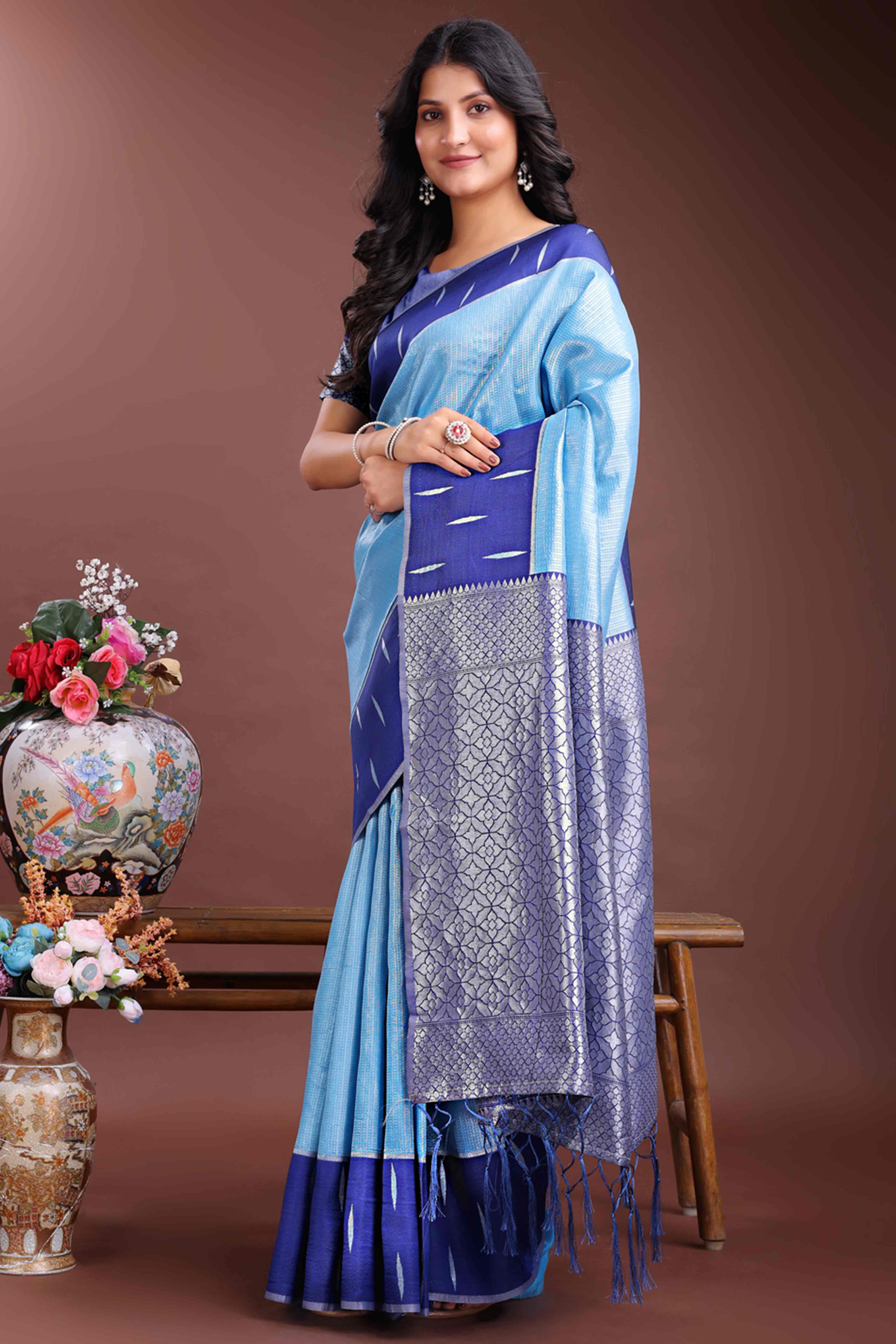 Serene Sky Blue Zari Weaving Silk Blend Saree of Pure Charm