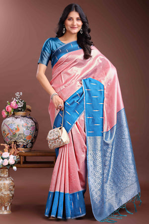 Luxurious Peach Zari Weaving Silk Blend Saree with Delicate Beauty