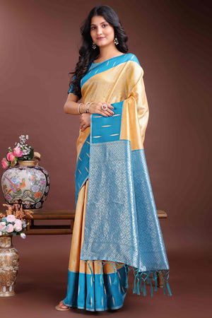 Vibrant Mustard Zari Weaving Silk Blend Saree with Golden Splendor