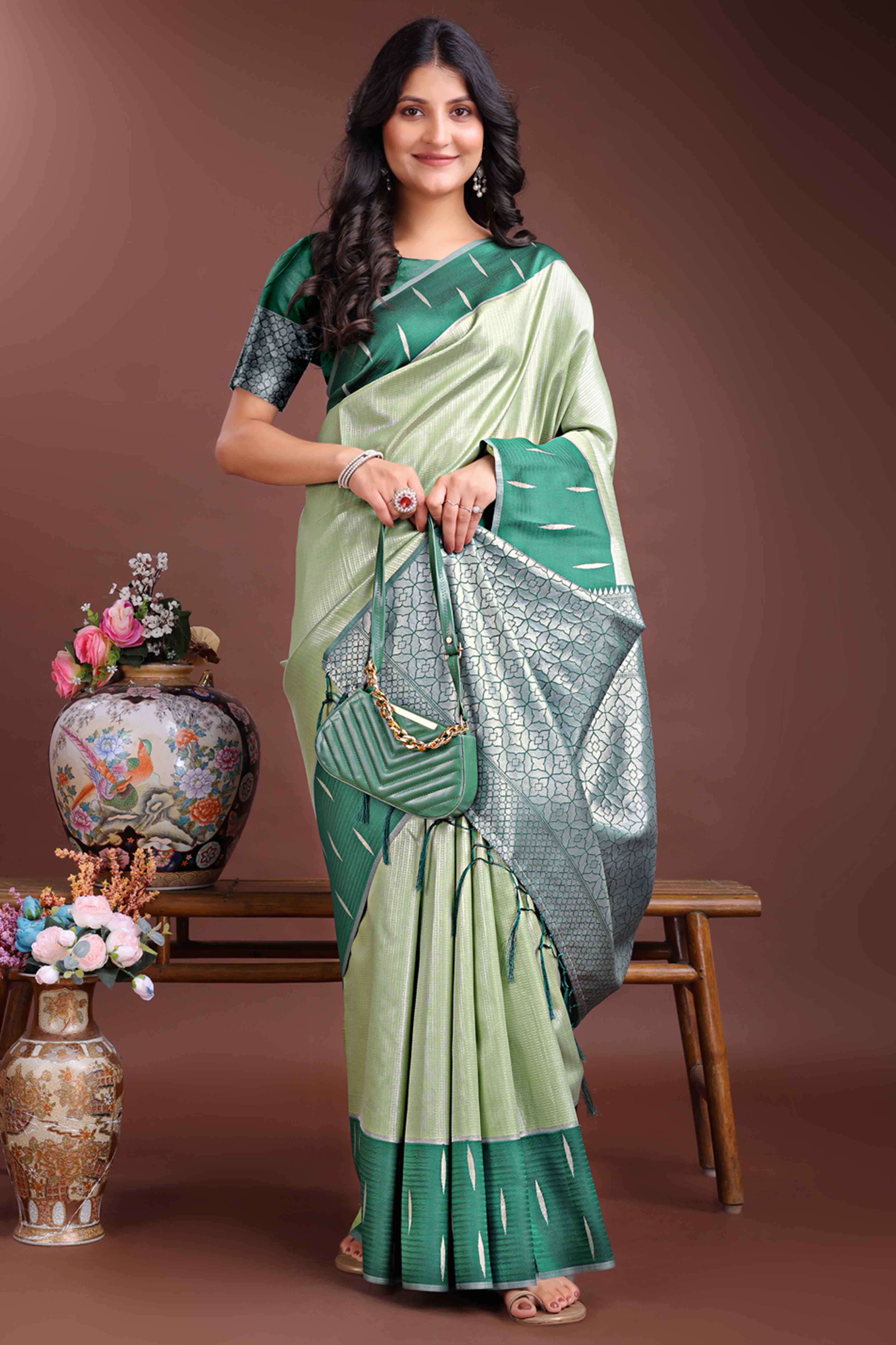 Soothing Light Green Zari Weaving Silk Blend Saree of Natural Harmony