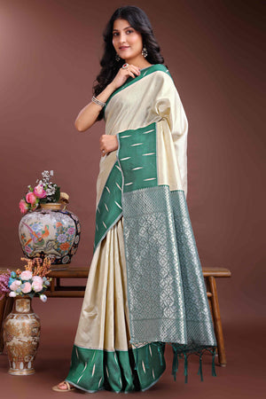 Elegant Cream Zari Weaving Silk Blend Saree with Timeless Sophistication