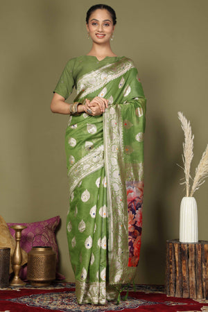Green Saree In Linen Cotton Featuring Floral Zari Weaving & Digital Printed Pallu