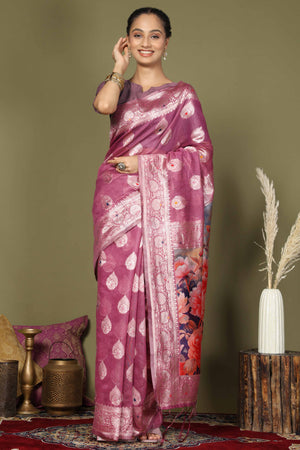 Onion Pink Saree In Linen Cotton Featuring Floral Zari Weaving & Digital Printed Pallu