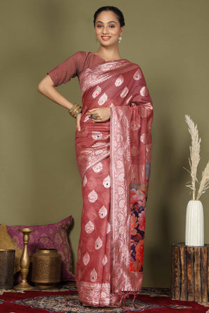 Rust Saree In Linen Cotton Featuring Floral Zari Weaving & Digital Printed Pallu