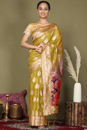 Mehendi Green Saree In Linen Cotton Featuring Floral Zari Weaving & Digital Printed Pallu