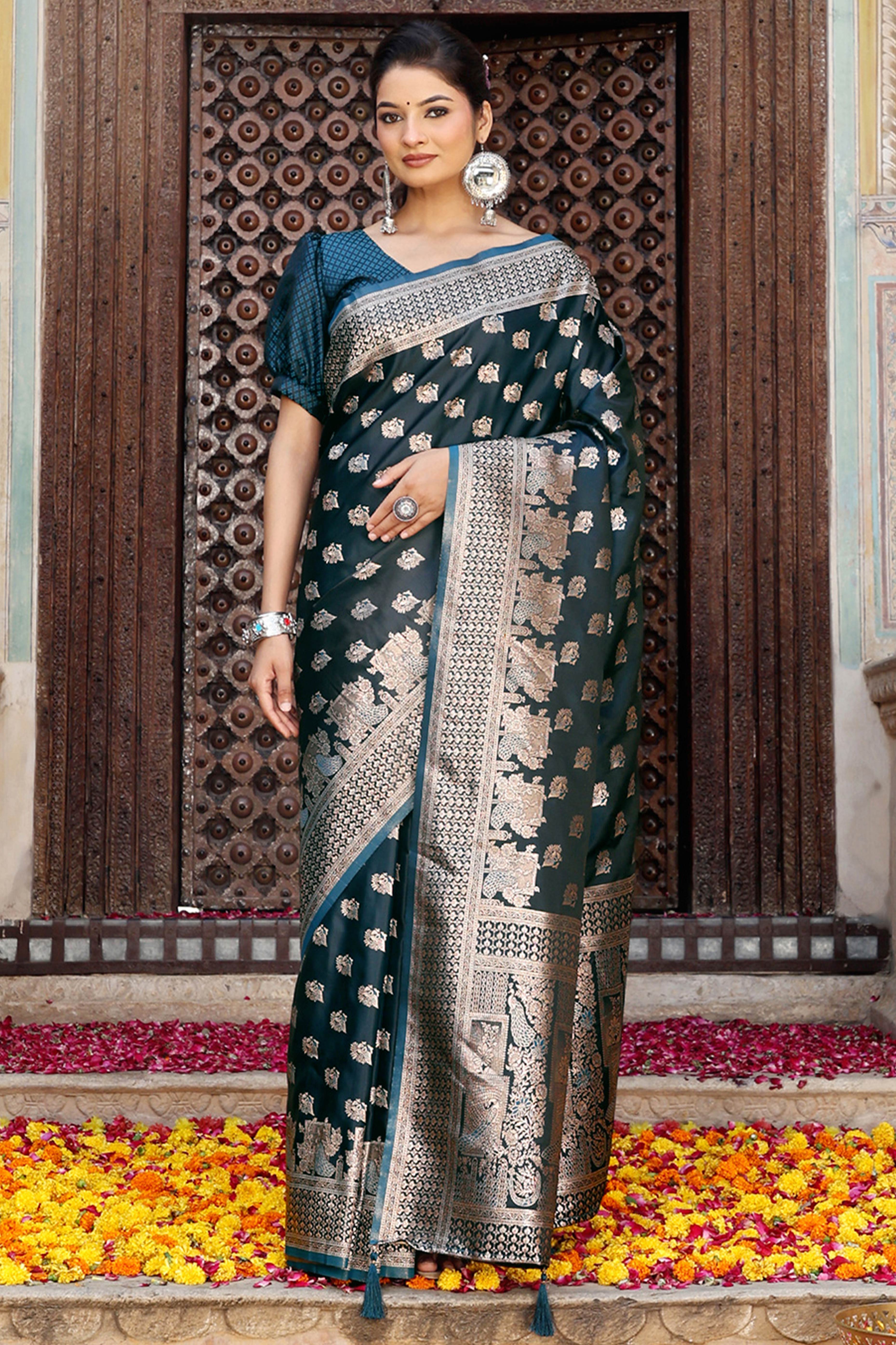 Designer Morpich Blue Saree Showcasing Peacock & Floral Zari Weaving With Handmade Tassel Pallu