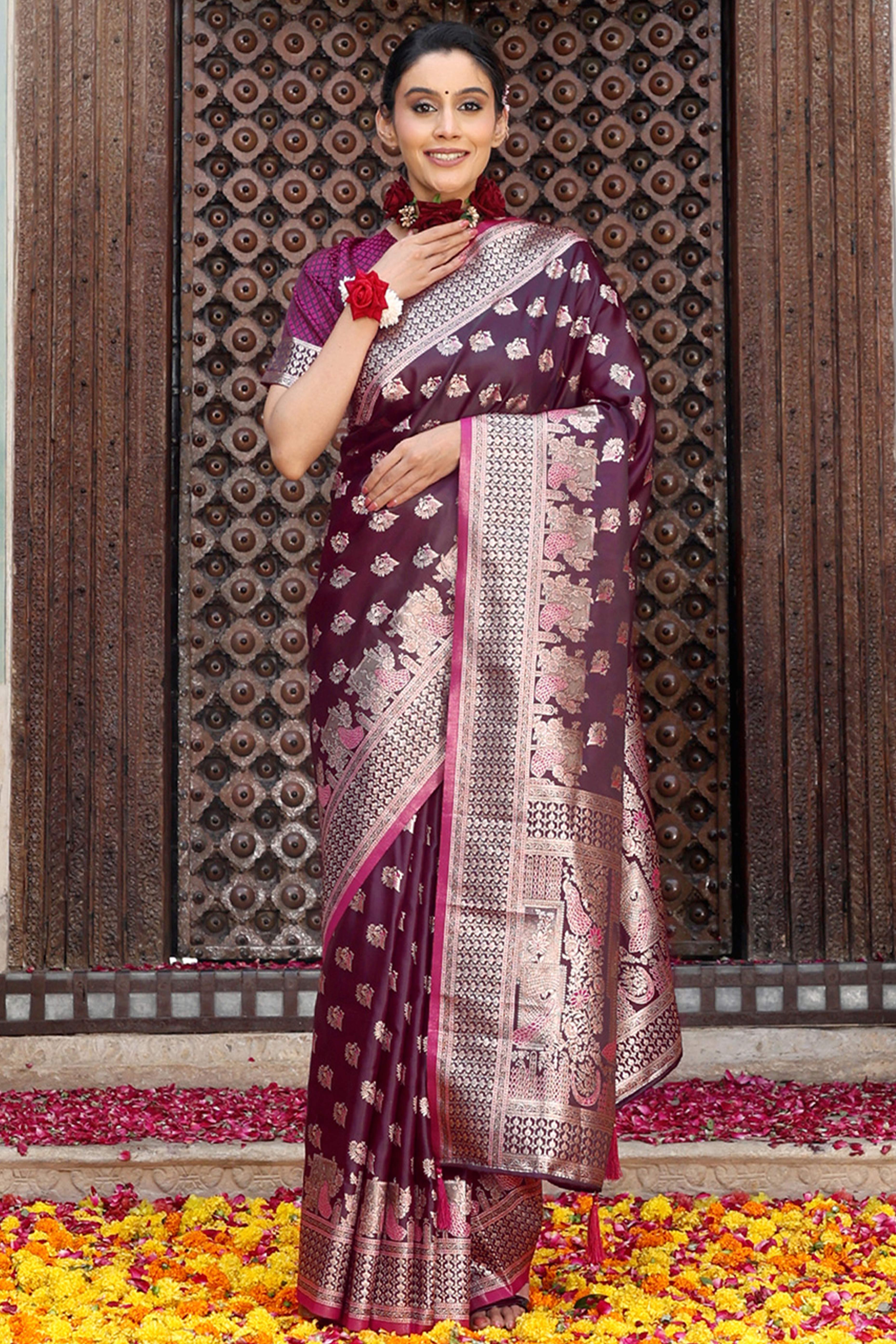 Designer Purple Saree Showcasing Peacock & Floral Zari Weaving With Handmade Tassel Pallu