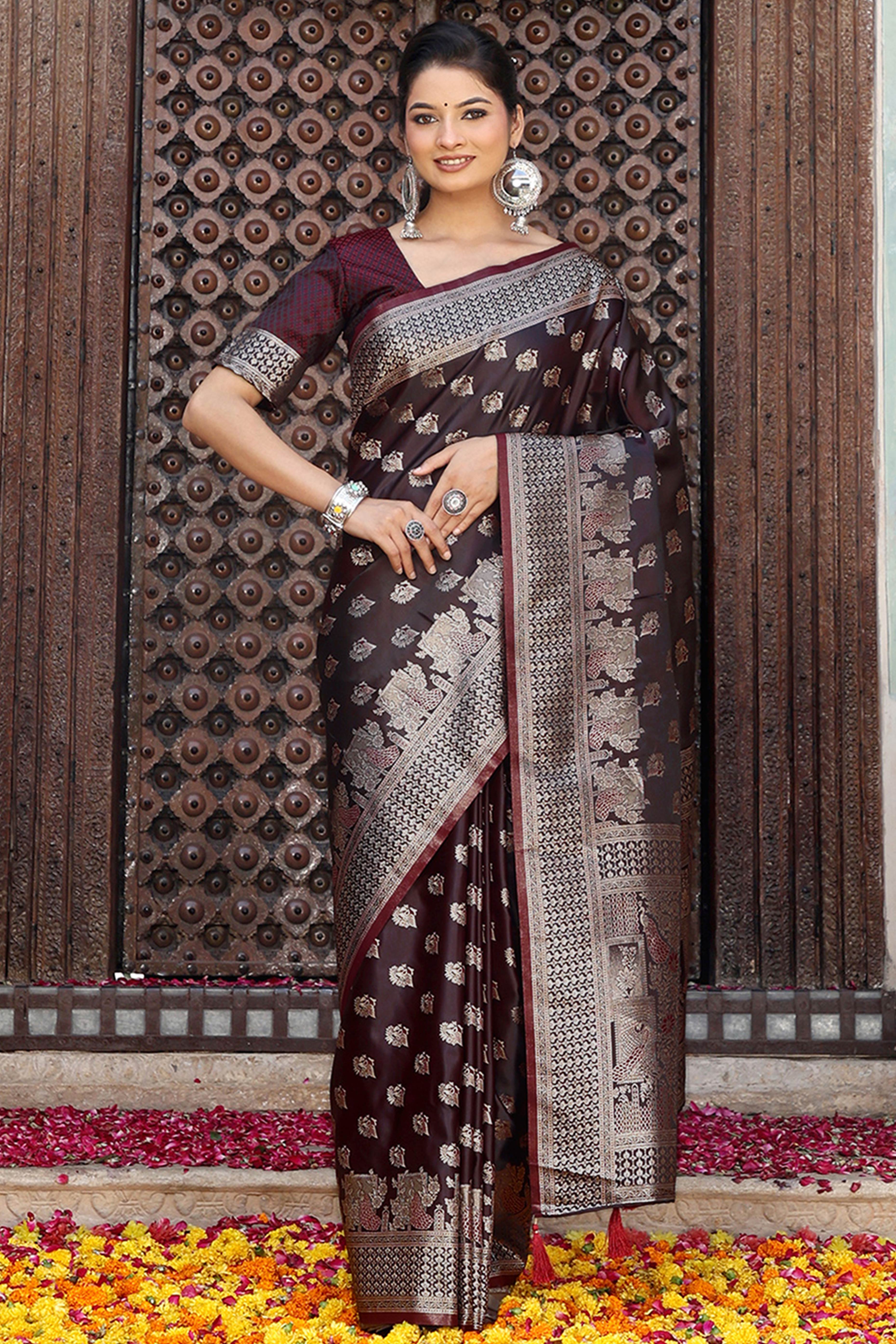 Designer Dark Maroon Saree Showcasing Peacock & Floral Zari Weaving With Handmade Tassel Pallu