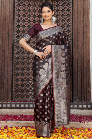 Designer Dark Maroon Saree Showcasing Peacock & Floral Zari Weaving With Handmade Tassel Pallu