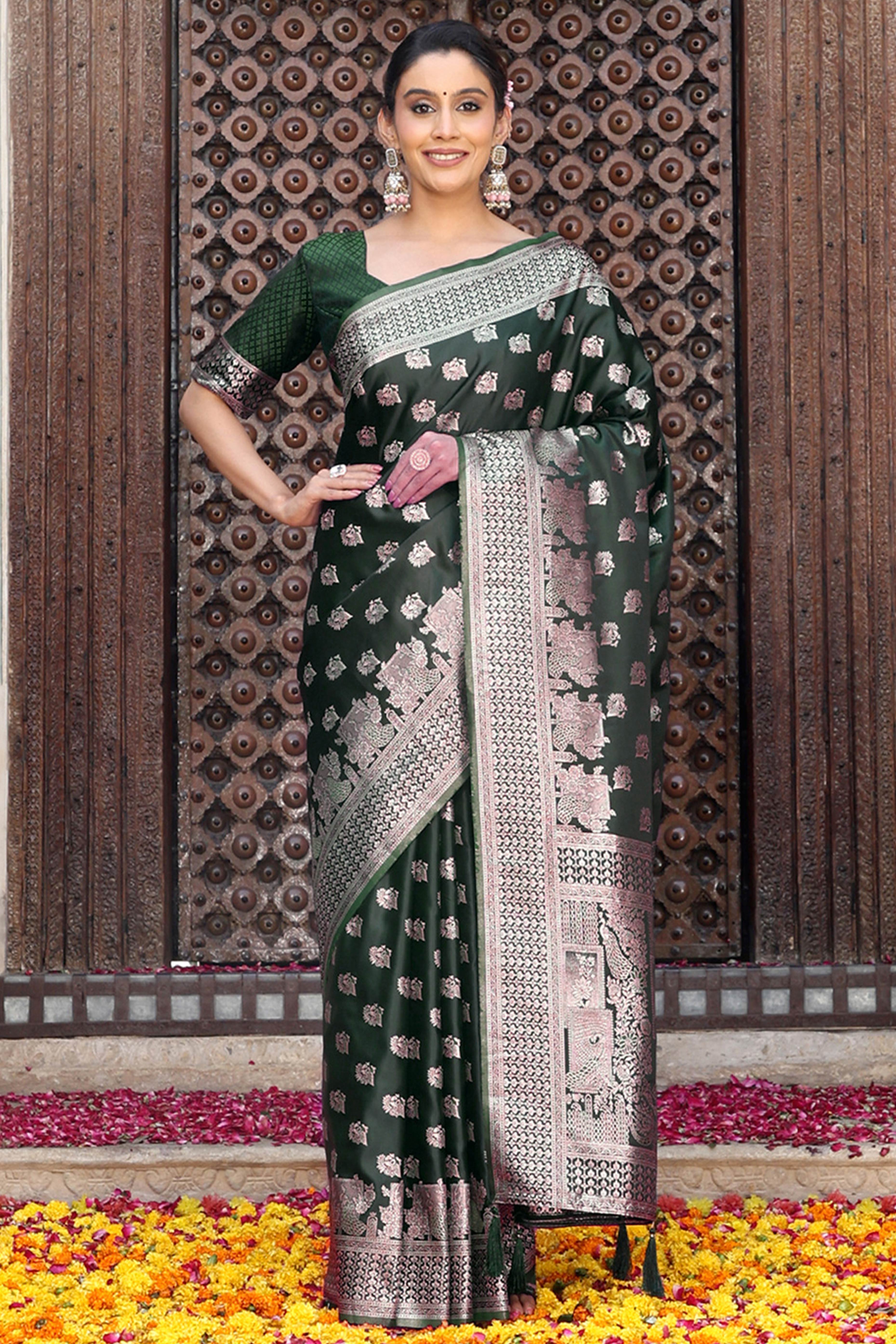 Designer Green Saree Showcasing Peacock & Floral Zari Weaving With Handmade Tassel Pallu
