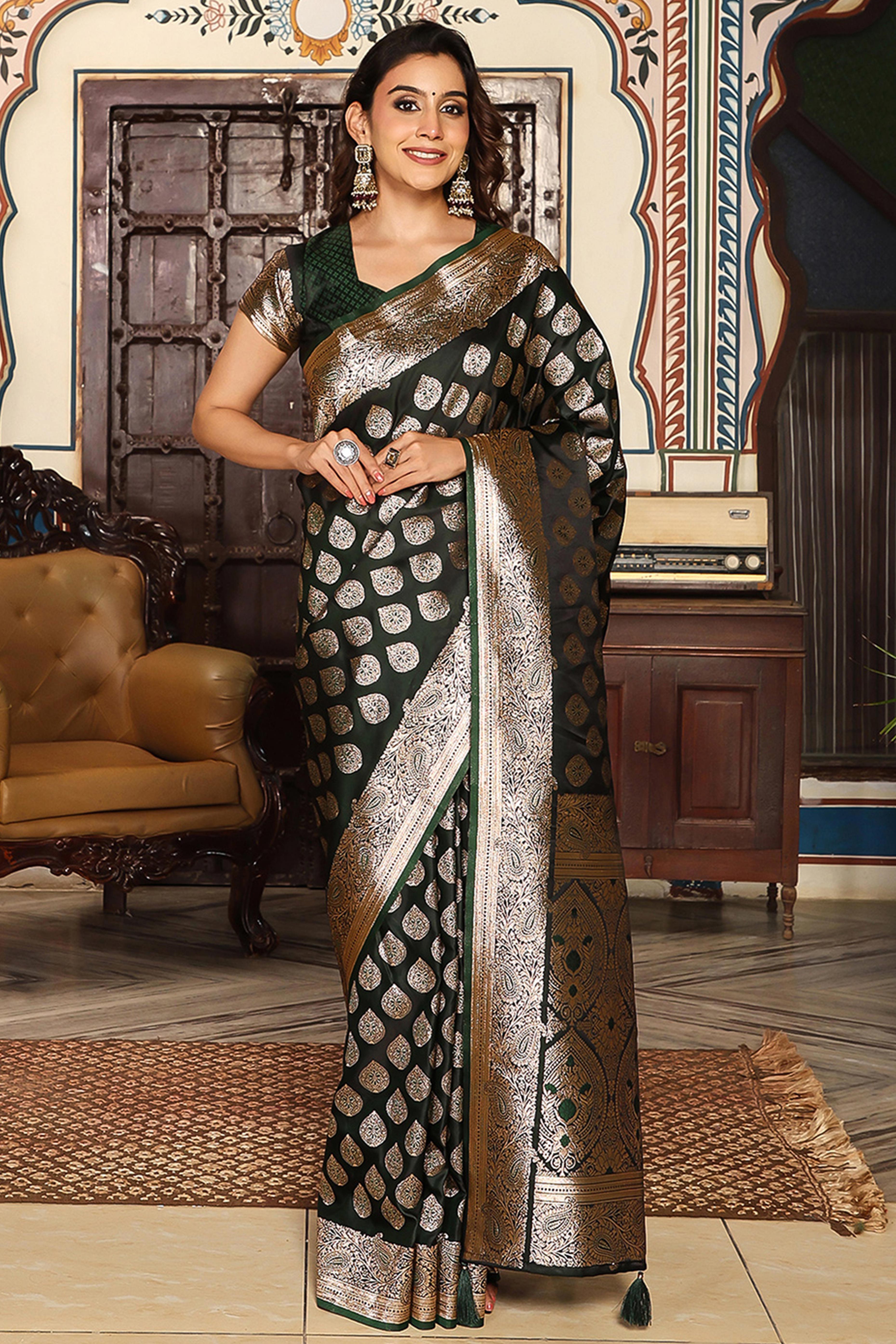 Festive Dark Green Saree in Silk Blend with Exquisite Zari Weaving Work