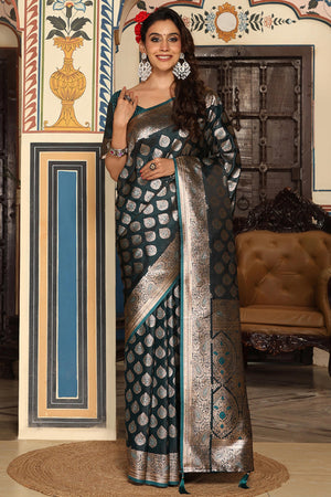 Festive Morpich Green Saree in Silk Blend with Exquisite Zari Weaving Work