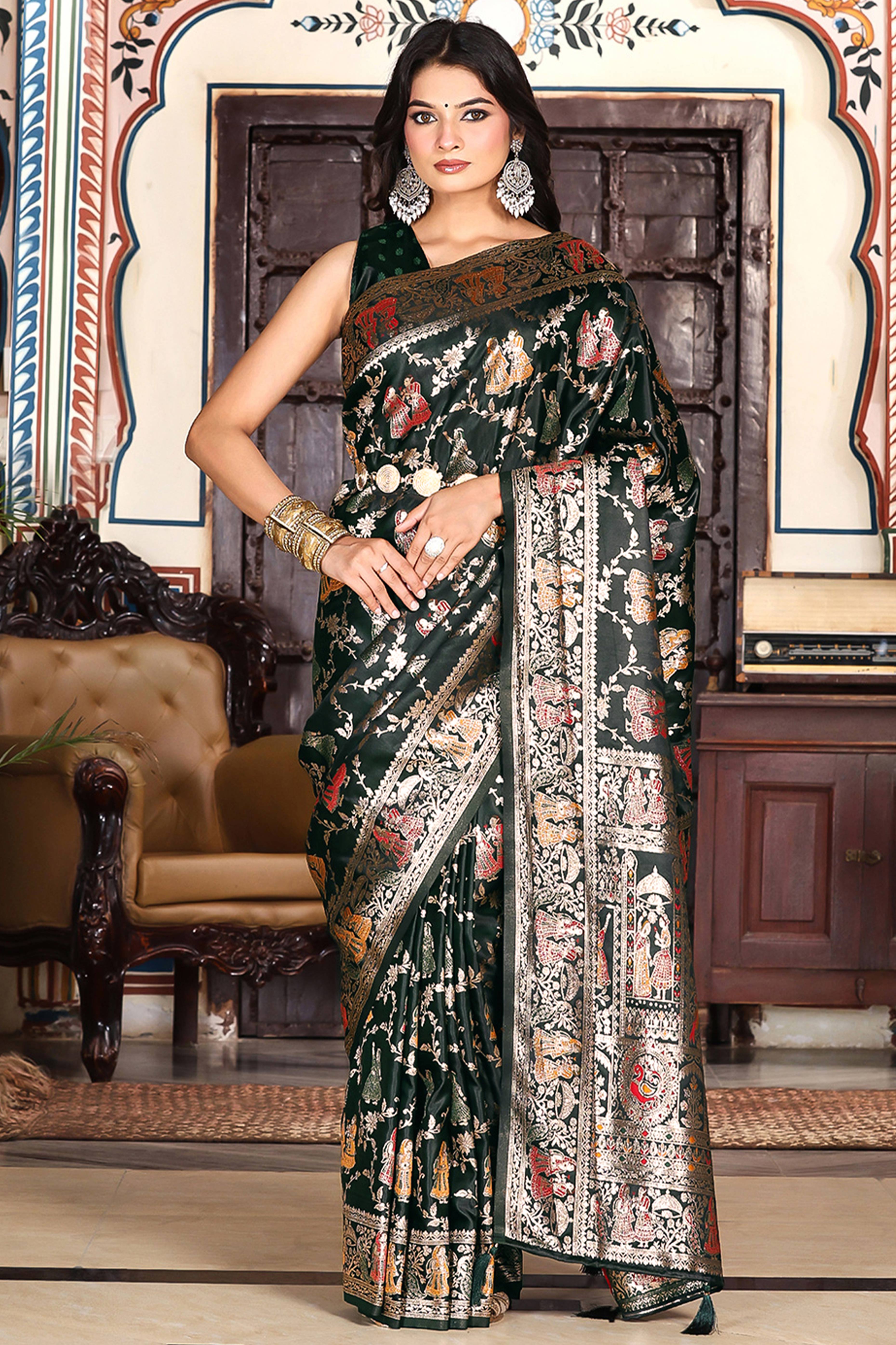 Luxurious Dark Green Silk Blend Saree With Intricate Floral Zari Weaving & Tassel Pallu
