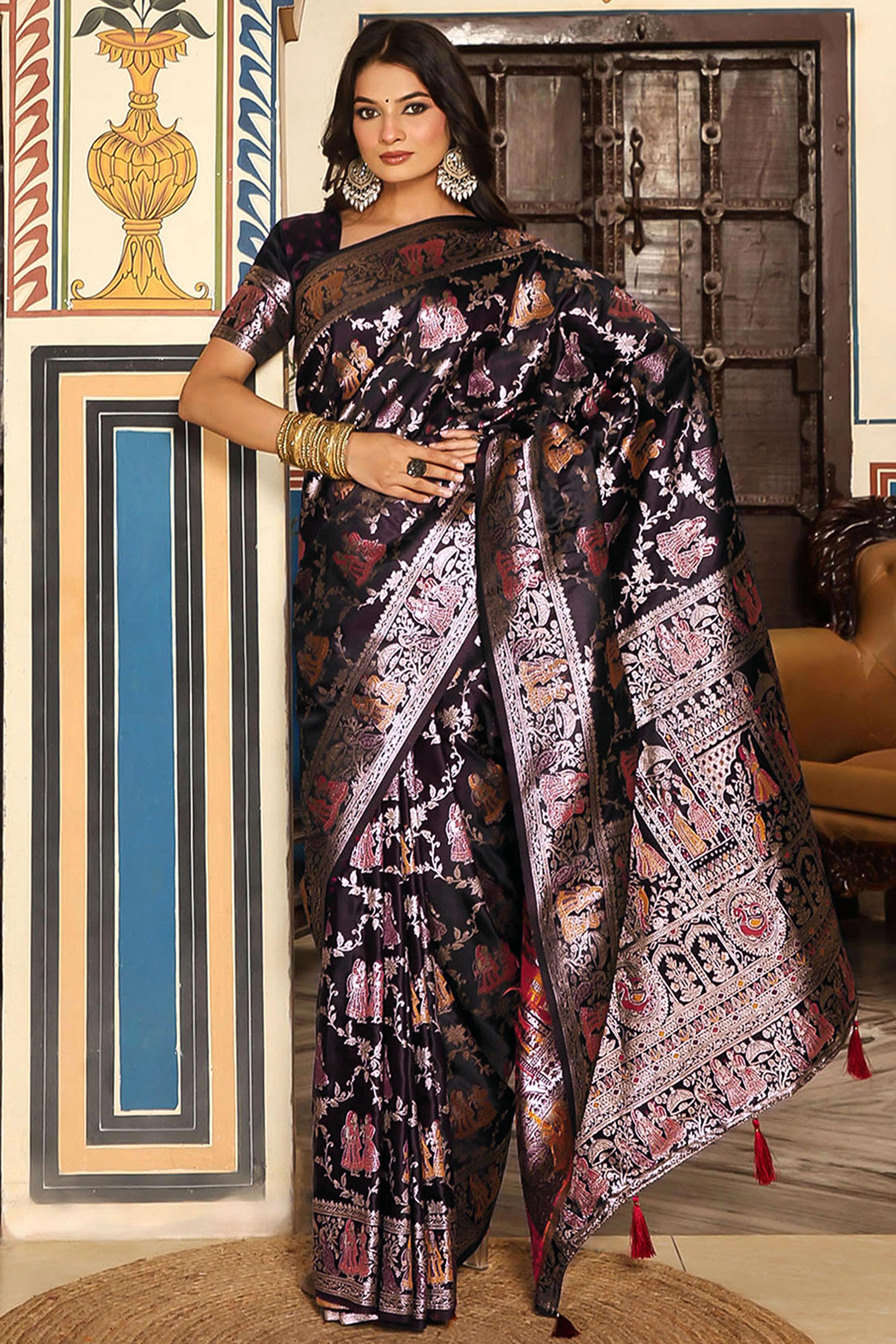 Luxurious Dark Purple Silk Blend Saree With Intricate Floral Zari Weaving & Tassel Pallu
