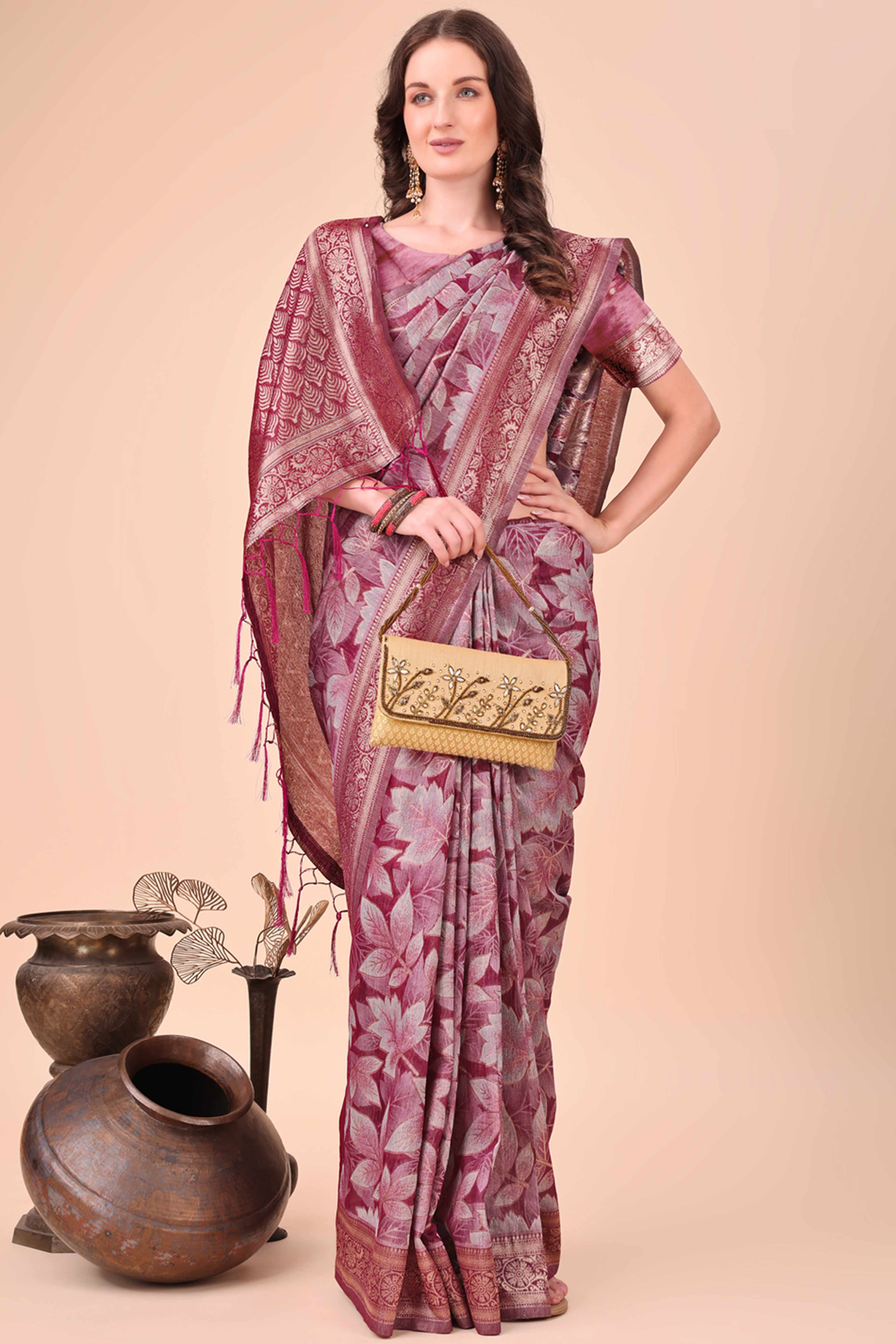 Wine Floral Zari Woven Cotton Blend Saree With Soft Tassel Edging