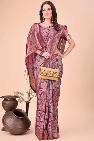 Wine Floral Zari Woven Cotton Blend Saree With Soft Tassel Edging